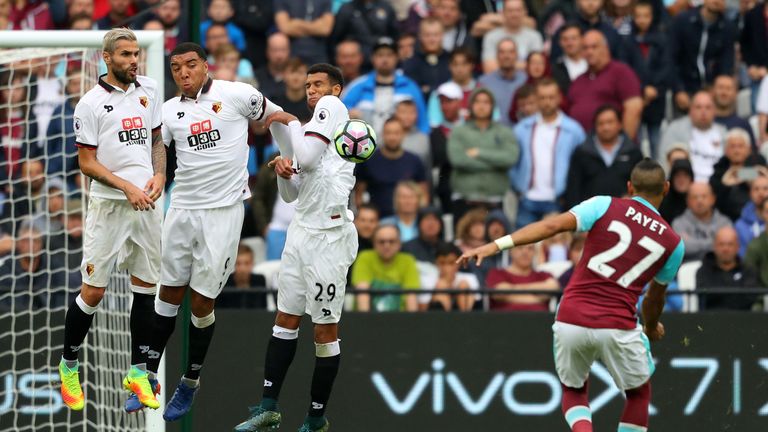 Dimitri Payet takes a freekick during the Premier League match between West Ham United and Watford