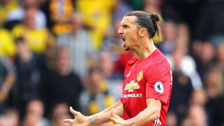 Zlatan Ibrahimovic appears animated during the Premier League match between Watford and Manchester United 