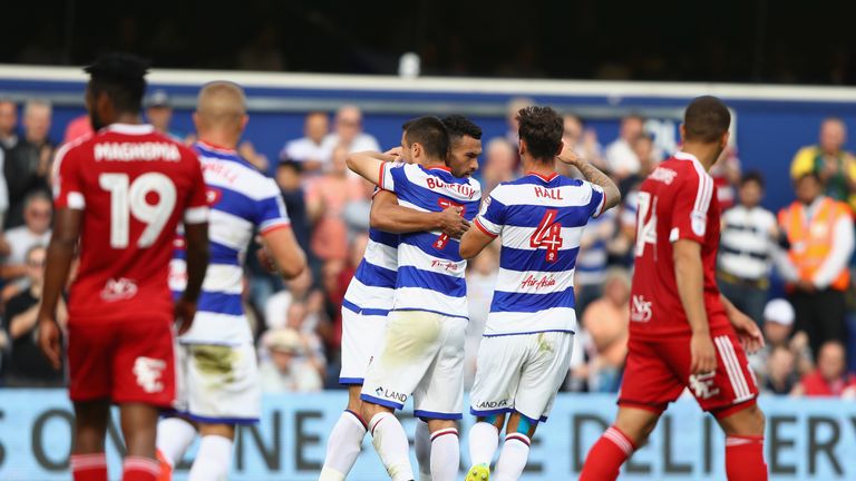 Steven Caulker of QPR celebrates after scoring against Birmingham