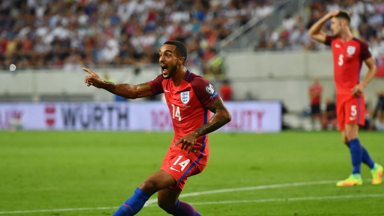 TRNAVA, SLOVAKIA - SEPTEMBER 04:  Theo Walcott of England (14) reacts as his goal is disallowed during the 2018 FIFA World Cup Group F qualifying match bet