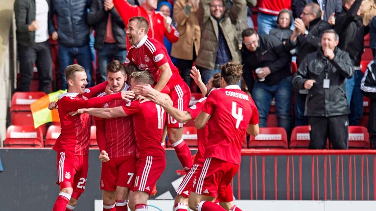 Aberdeen's players mob James Maddison after his late winner against Rangers