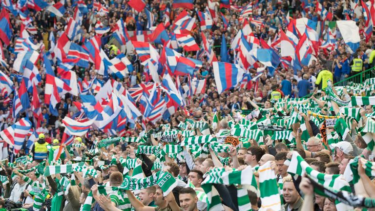Celtic and Rangers fans at the start of the match at Parkhead on Saturday
