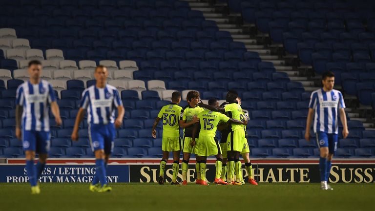 BRIGHTON, ENGLAND - SEPTEMBER 20:  Reading players celebrate their team's second goal scored by John Swift (obscured) during the EFL Cup Third Round match 