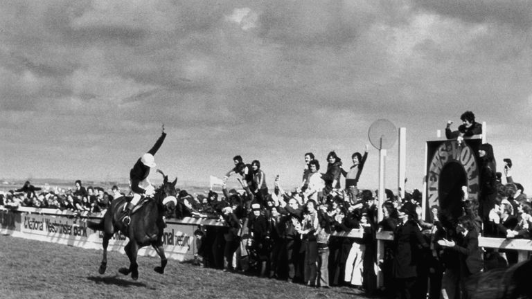 Red Rum wins the Grand National race at Aintree for the third time with jockey Tommy Stack up