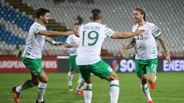 Republic of Ireland's Jeff Hendrick (right) celebrates scoring his side's first goal of the game during the 2018 FIFA World Cup Qualifying, Group D match 