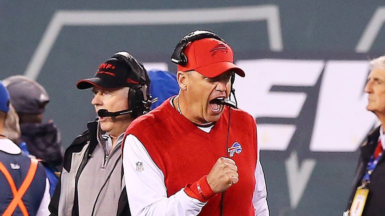 EAST RUTHERFORD, NJ - NOVEMBER 12:  Head coach Rex Ryan of the Buffalo Bills  celebrates a second quarter touchdown by Duke Williams #27 (not pictured) aga