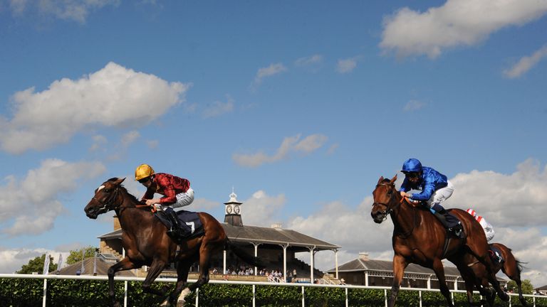 Rich Legacy ridden by Oisin Murphy (left) beats Grecian Light ridden by William Buick to win the Clugston Construction May Hill Stakes.