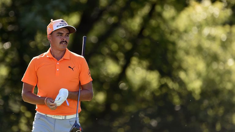 CARMEL, IN - SEPTEMBER 11:  Rickie Fowler watches his tee shot on the ninth hole during the final round of the BMW Championship at Crooked Stick Golf Club 