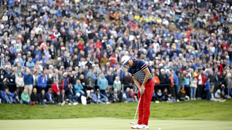 Rickie Fowler of Team US putts on the 10th green during Sunday's Singles matches on the final day of the Ryder Cup golf tournament at the Gleneagles Hotel 