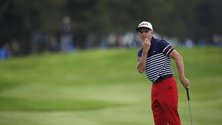 Rickie Fowler of Team US lines up a putt on the 13th green during Sunday's Singles matches on the final day of the Ryder Cup golf tournament at the Gleneag
