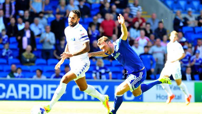 Cardiff City's Rickie Lambert and Leeds United's Kyle Bartley in action during the Sky Bet Championship clash