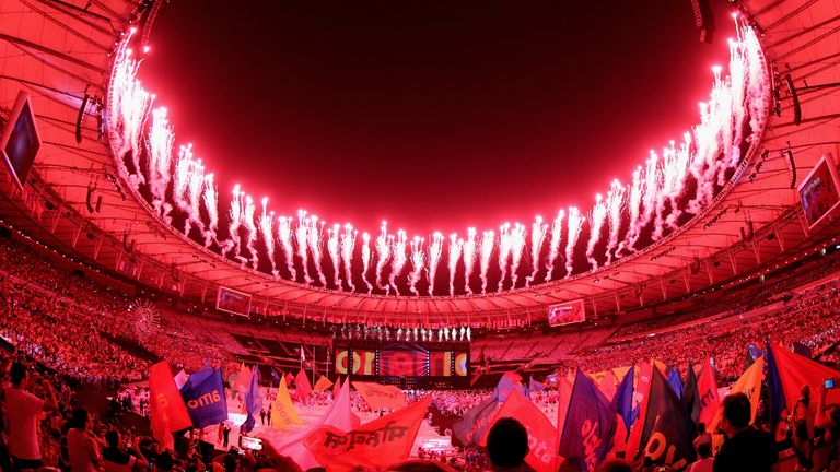 Fireworks erupt to celebrate the end of the closing ceremony of the Rio 2016 Paralympic Games