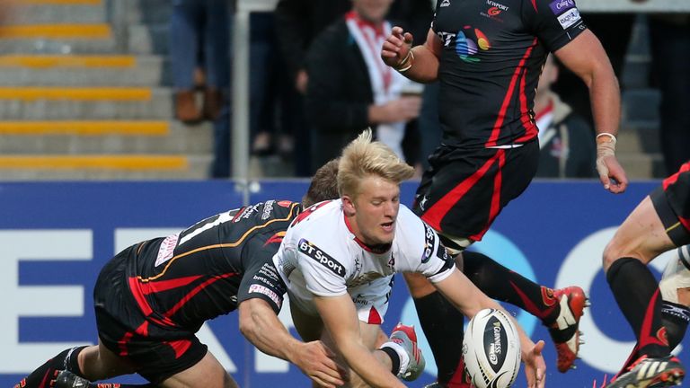 Ulster's Robert Lyttle scores a try against the Dragons