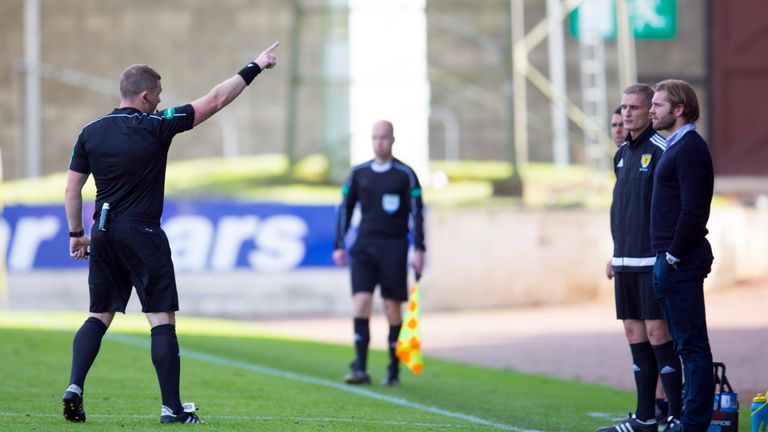 Hearts manager Robbie Neilson is sent to the stands by referee John Beaton