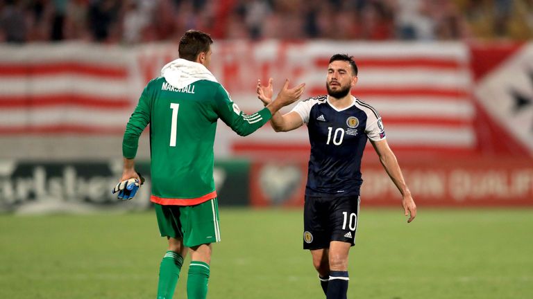 Scotland's Robert Snodgrass (right) and goalkeeper David Marshall celebrate victory 