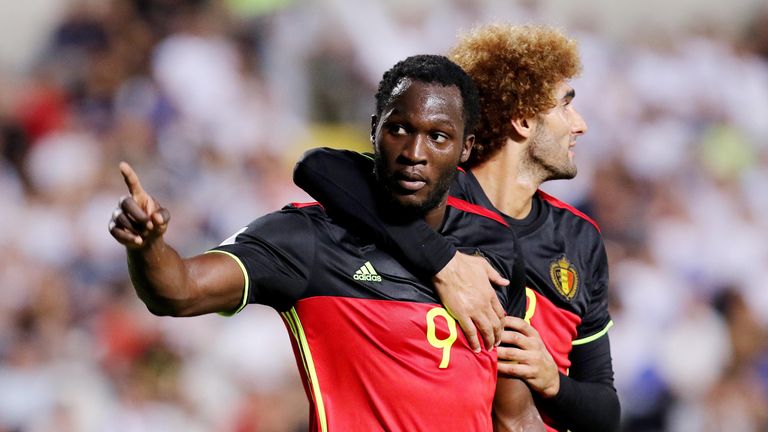 Romelu Lukaku (L) is congratulated by Marouane Fellaini after he scored a goal during the World Cup 2018 qualifying football match Cyprus versus Belgium
