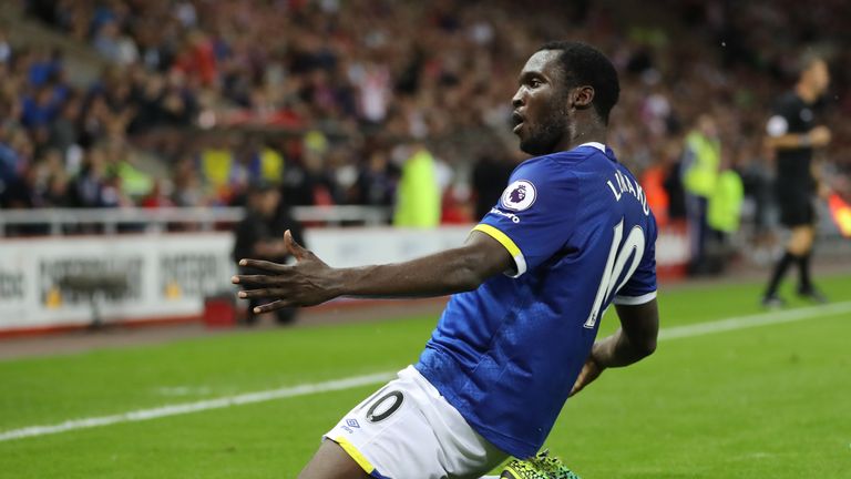 Everton's Romelu Lukaku celebrates scoring his third goal during the Premier League match at the Stadium of Light, Sunderland.