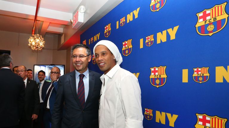 Barcelona president Josep Maria Bartomeu was joined by Ronaldinho at the club's US office opening 