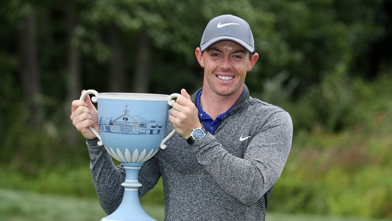 Rory McIlroy poses with the trophy after the final round of the Deutsche Bank Championship
