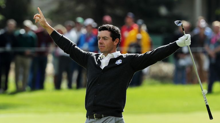 CHASKA, MN - SEPTEMBER 29:  Rory McIlroy of Europe reacts after holing out for eagle during practice prior to the 2016 Ryder Cup at Hazeltine National Golf