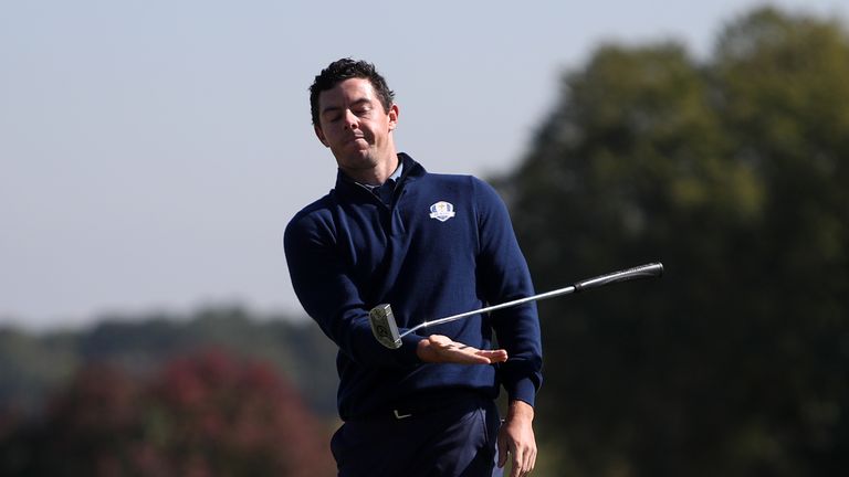 Europe's Rory McIlroy reacts after missing his putt on the 18th during day one of the 41st Ryder Cup at Hazeltine National Golf Club in Chaska, Minnesota