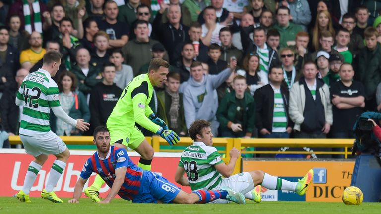 Ross Draper looks to the referee after the incident with Celtic's Erik Sviatchenko 