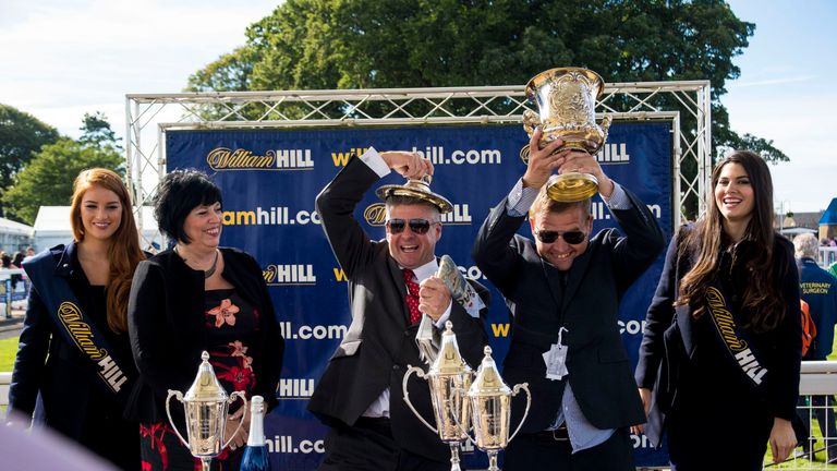 Connections of Roudee, ridden by Richard Kingscote, celebrate winning the William Hill Ayr Silver Cup 