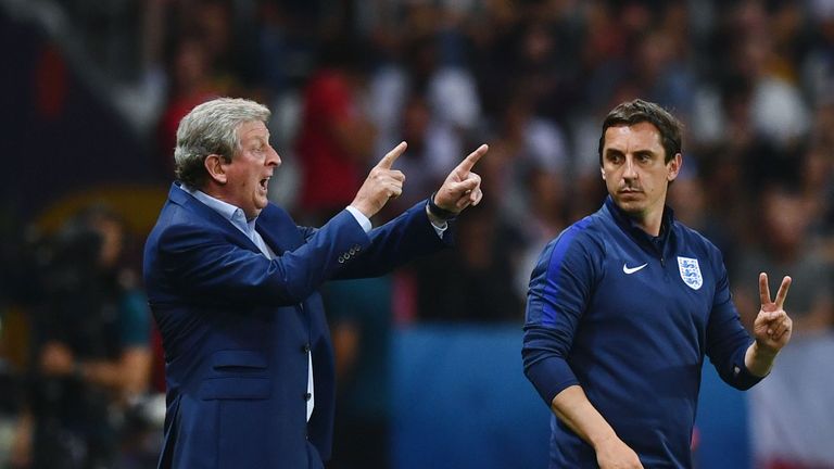 NICE, FRANCE - JUNE 27: Roy Hodgson manager of England and his assistant Gary Neville instruct during the UEFA EURO 2016 round of 16 match between England 