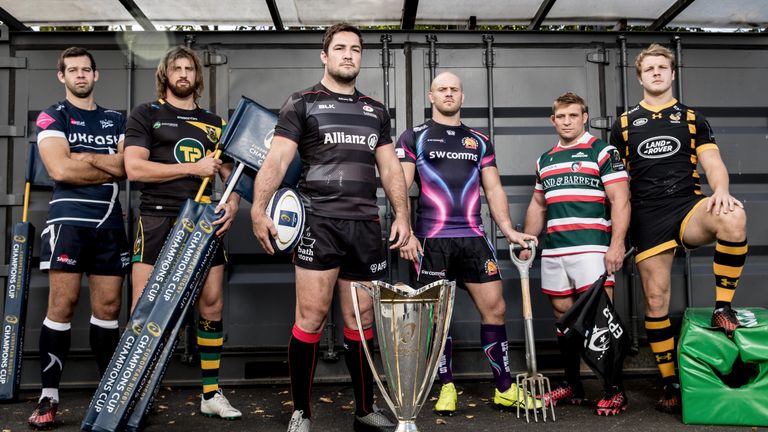 Josh Beaumont, Tom Woods, Brad Barritt, Jack Yeandle, Tom Youngs and Joe Launchbury at the Champions Cup launch