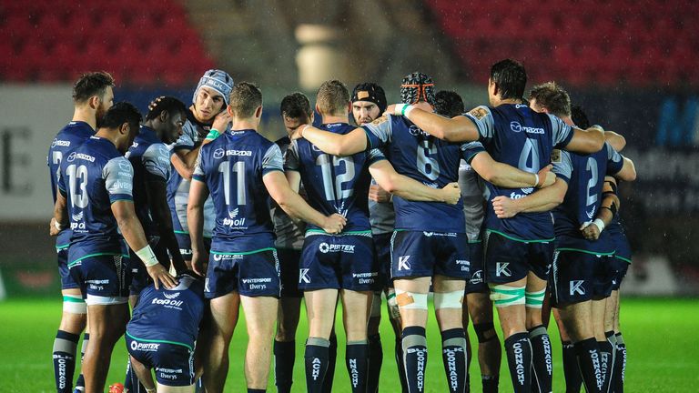 The Connacht team huddle before kick-off