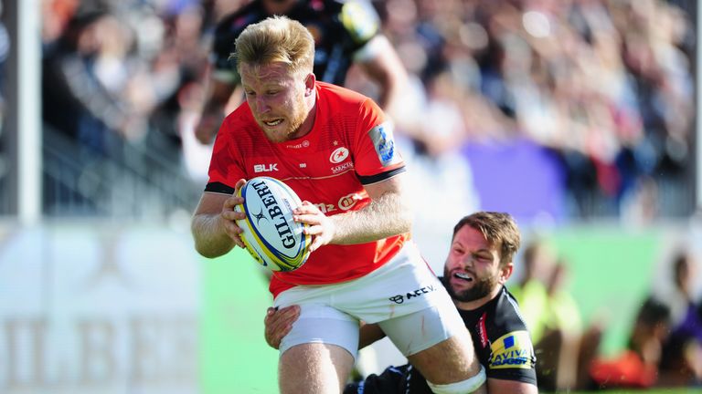 Wray goes over for a try against Exeter