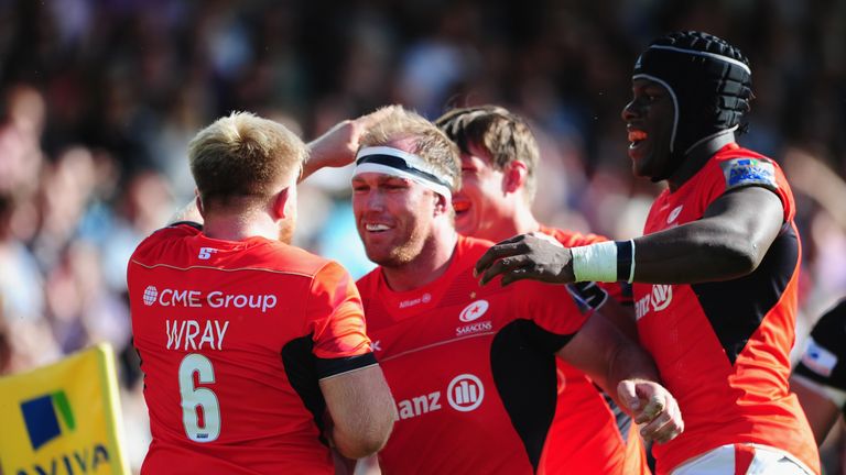 Jackson Wray is congratulated after scoring a try against Exeter