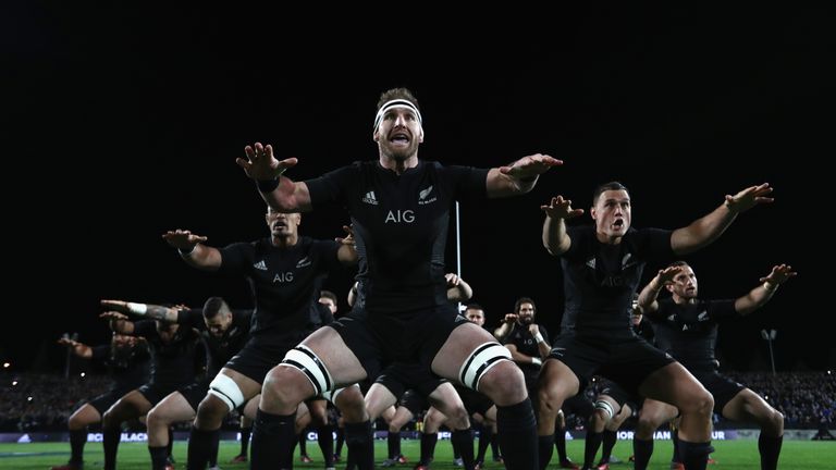 Kieran Read of the All Blacks leads the haka  during the Rugby Championship match