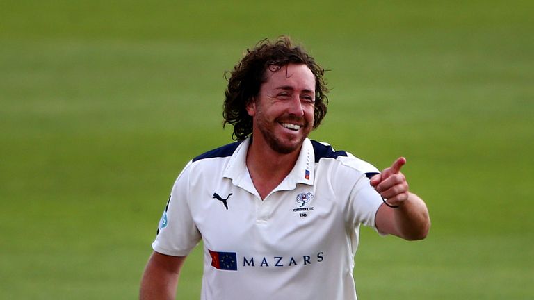 SOUTHAMPTON, ENGLAND - SEPTEMBER 01: Ryan Sidebottom of Yorkshire celebrates after taking the wicket of Hampshire's Tom Alsop durig day two of the Specsave