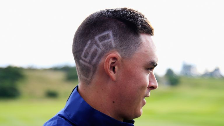 AUCHTERARDER, SCOTLAND - SEPTEMBER 22:  Ricky Fowler of the United States shows off his new hairstyle during practice ahead of the 2014 Ryder Cup on the PG