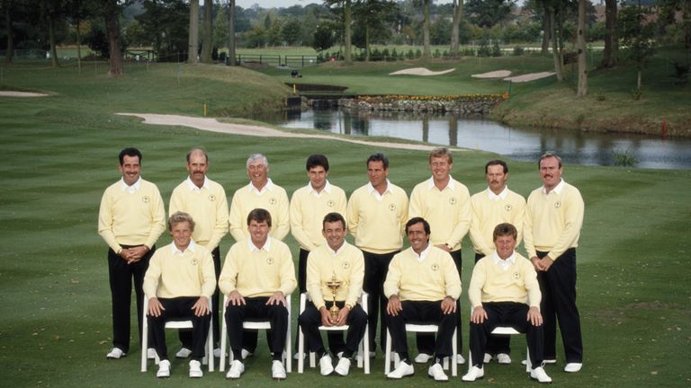 The European team pose together with the Ryder Cup trophy, Back Row L-R: Sam Torrance, Mark James, Christy O'Connor Jnr, Jose Maria Olazabal, Jose Maria Ca