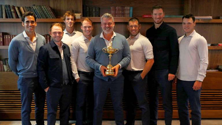 Members of the European team posed with the Ryder Cup before travelling to America