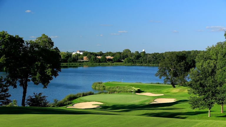 CHASKA, MN - AUGUST 11:  The 452 yards par 4, 10th hole with the 7th green behind (the 7th normally plays as the 16th hole) at Hazeltine National Golf Club