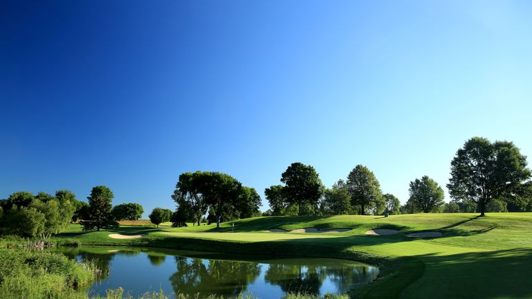 CHASKA, MN - AUGUST 11:  The approach to the green on  the 572 yards par 5, 16th hole (which normally plays as the 7th hole) at Hazeltine National Golf Clu