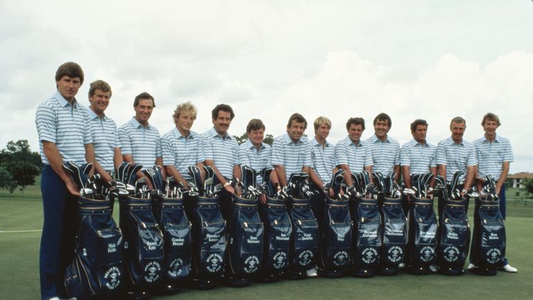 Tony Jacklin, captain of Europe with team members Severiano Ballesteros,, Nick Faldo, Bernhard Langer, Gordon J. Brand, Sandy Lyle, Brian Waites, Paul Way