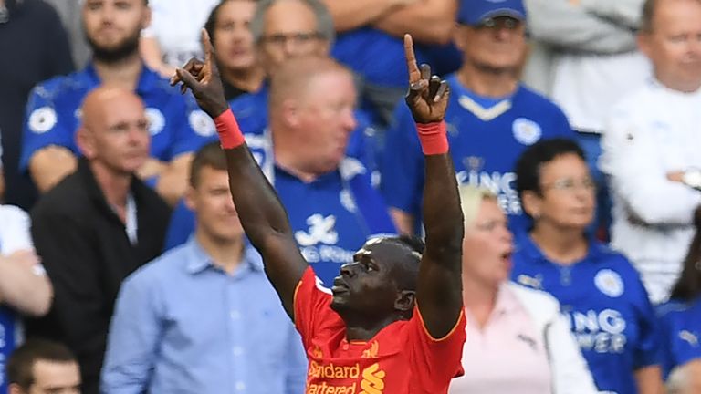 Liverpool's Sadio Mane celebrates after scoring their second goal against Leicester