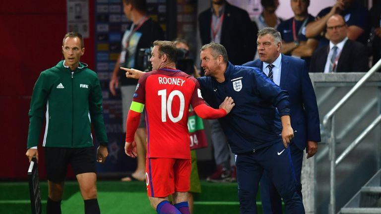  Martyn Margetson goalkeeping coach of England and Sam Allardyce manager of England give instructions to Wayne Rooney