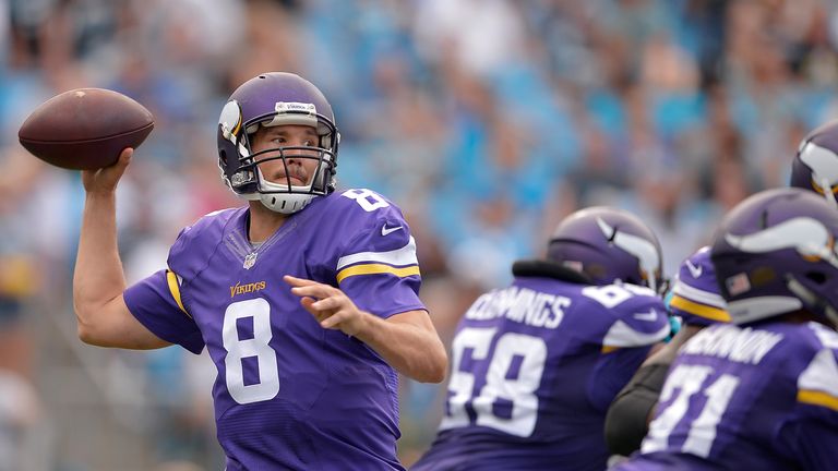 Sam Bradford #8 of the Minnesota Vikings throws a pass against the Carolina Panthers in the 3rd quarter during the game at B