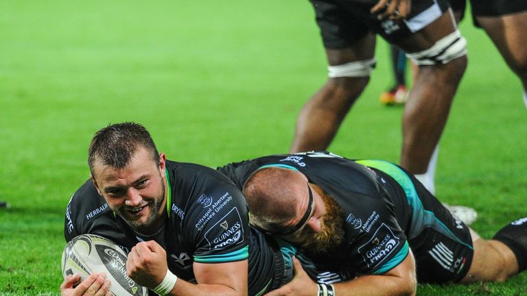 Sam Parry of Ospreys celebrates his side's fourth try.