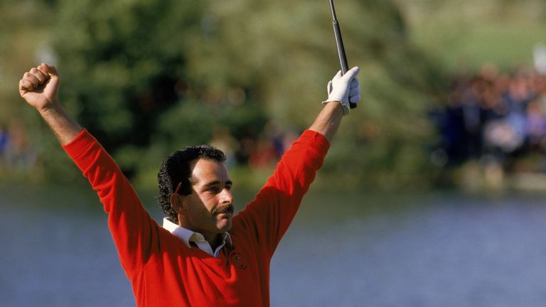 Sam Torrance celebrates after holing the winning putt in 1985