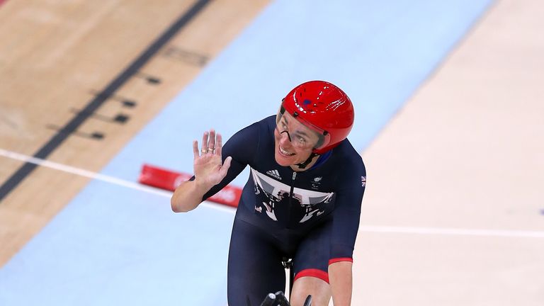 Great Britain's Sarah Storey celebrates beating her own world record time during the Cycling Track Women's C5 3000m Individual Pursuit Qualifying