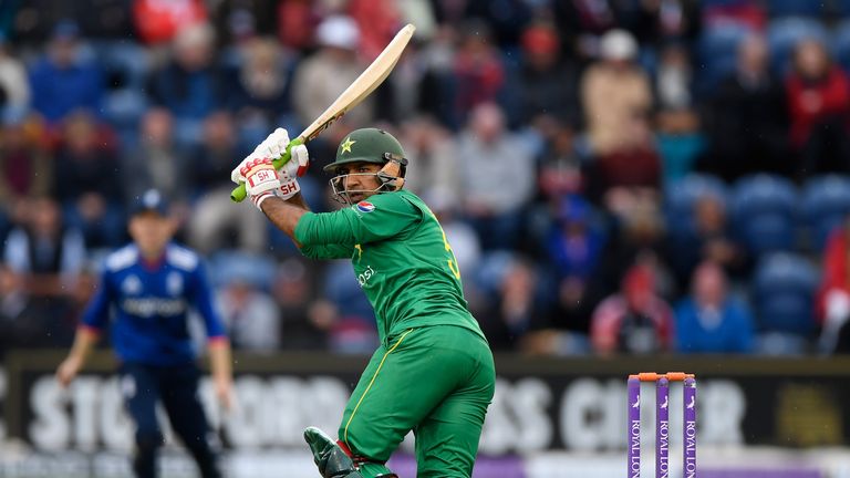 Pakistan batsman Sarfraz Ahmed hits out during the 5th One Day International v England