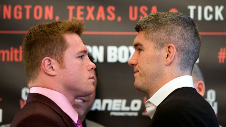 LONDON, ENGLAND - JULY 20: Canelo Alverez (L) and Liam Smith (R) square up during the Canelo Alvarez vs Liam Smith boxing press conference at The Landmark 