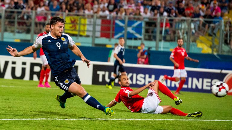 04/09/16 - WORLD CUP QUALIFIER .  MALTA V SCOTLAND (1-5) .  TA' QALI NATIONAL STADIUM - MALTA .  Scotland's Chris Martin (9) scores his side's second goal