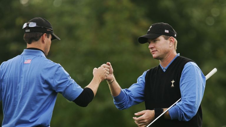KILDARE, IRELAND - SEPTEMBER 23: Scott Verplank (R) of USA celebrates halving the 5th hole with team mate Zach Johnson during the morning fourballs on the 
